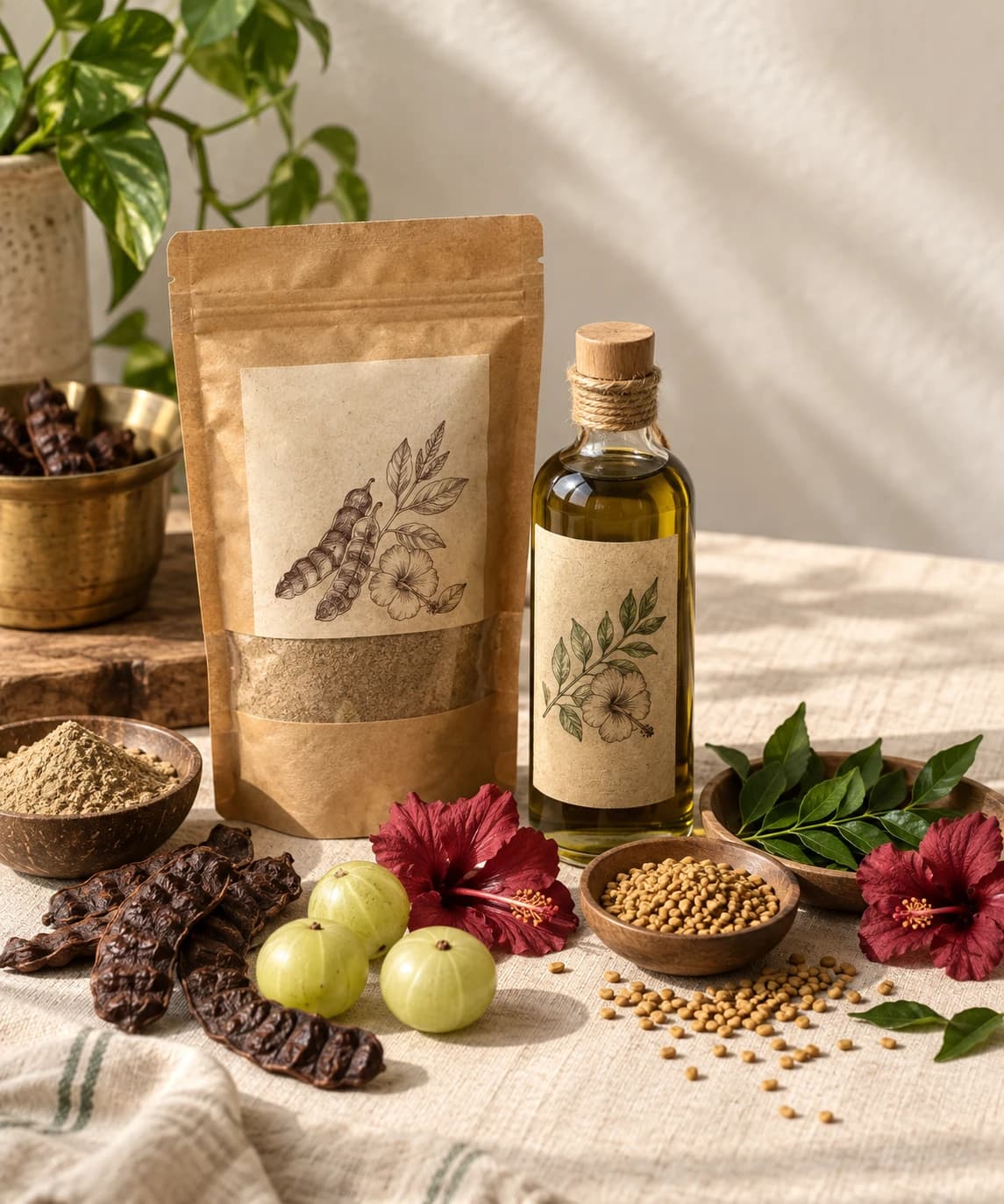 SSG Herbal Shikakai Powder and Homemade Herbal Hair Oil, styled with shikakai pods, amla, hibiscus and curry leaves